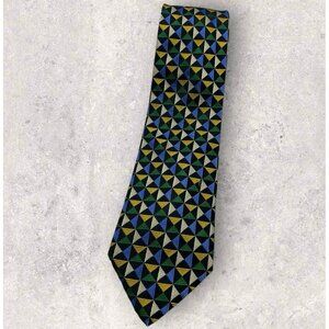 LONGCHAMP Silk Tie ITALY Blue Yellow Green Geometric W:3.8" EUC